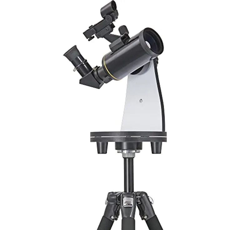 Omegon Dobson Teleskop MightyMak 60 Titania, kompaktes Teleskop mit vergüteter Frontlinse, hochglanz schwarz mit Goldsteifen, inkl. Tischstativ und Tasche