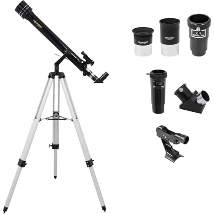 Omegon Teleskop AC 60/700 AZ-1, Einsteiger-Linsenteleskop mit 60mm Objektivöffnung, zwei Okularen und Umkehrlinse