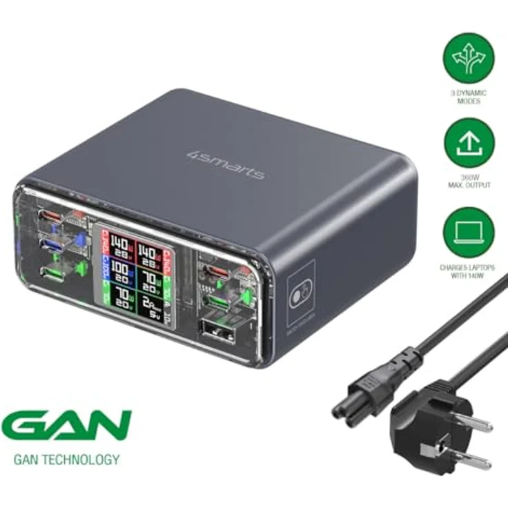 4smarts 540360, USB Ladegerät mit 360 W Leistung, 6 Anschlüsse, Schnellladefunktion, Grau – Bild 2