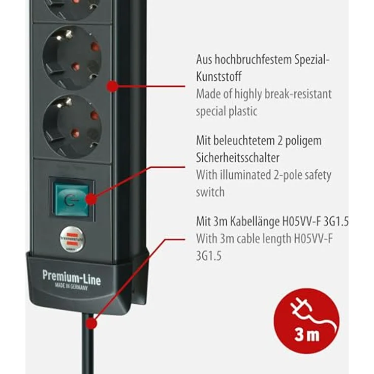 Brennenstuhl Premium-Line, Steckdosenleiste 10-fach (Steckerleiste mit Schalter und 3m Kabel, Mehrfachsteckdose mit 45° Winkel der Schutzkontakt-Steckdosen, Made in Germany) schwarz – Bild 3