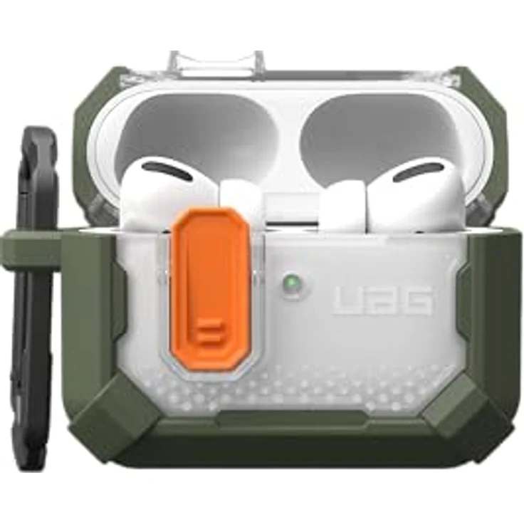 URBAN ARMOR GEAR Plasma Case für Apple AirPods Pro 3 (2025), Wireless-Charging kompatibel, sichtbar LED-Status, abnehmbarer Karabinerhaken, olive/transparent – Bild 3