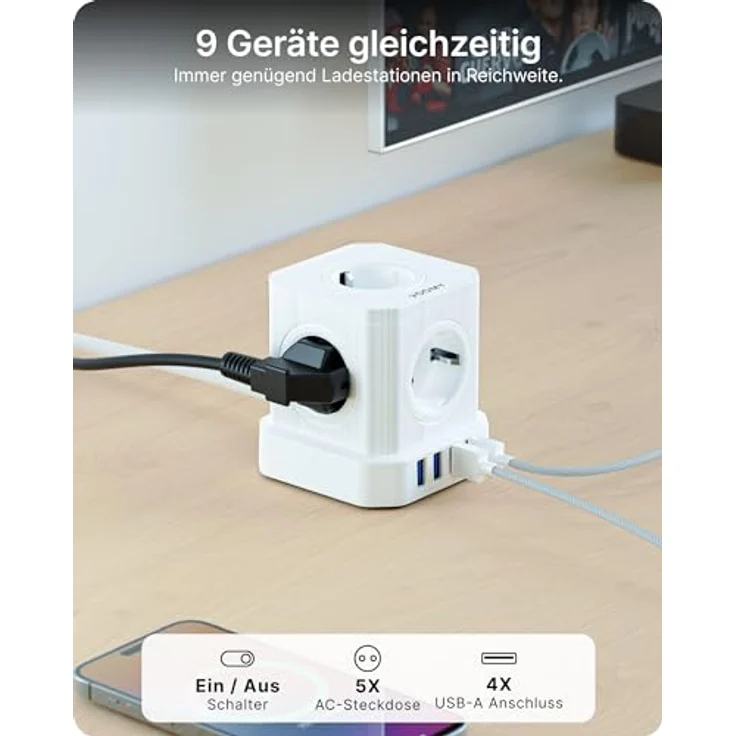 Voomy VOOMY 9-in-1 Steckdosenwürfel mit USB, Steckdosenleiste 5-Fach mit 4 USB, Mehrfachsteckdose mit Schalter, Steckdosenleiste Überspannungsschutz, 2500W Powercube 2M Kabel für Büro, Zuhause, Weiß – Bild 2