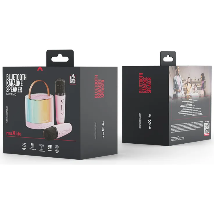 FOREVER Maxlife Bluetooth Karaoke-Set MXKS-200 rosa, 5W Lautsprecher, 2 Mikrofone, Lichteffekte, SD-Kartenleser, Echo-Funktion