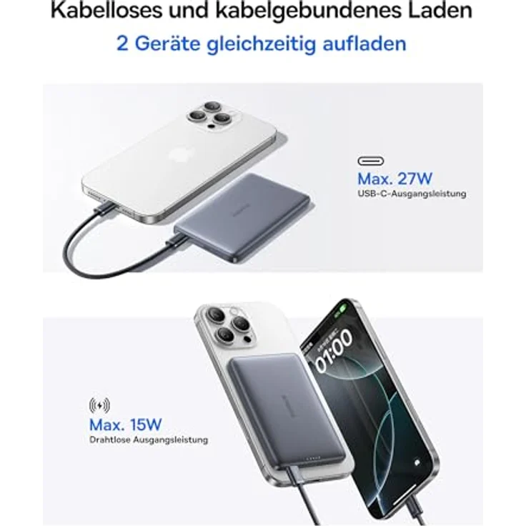 Baseus Picogo AM41 Power Bank, Ultra Slim 10000mAh Qi2 MagSafe, 15W Wireless, 27W PD Schnellladung, Mini Magnetische Externe Batterie, USB-C Kabel für iPhone 16/15/14/13/12, Space Grau – Bild 5