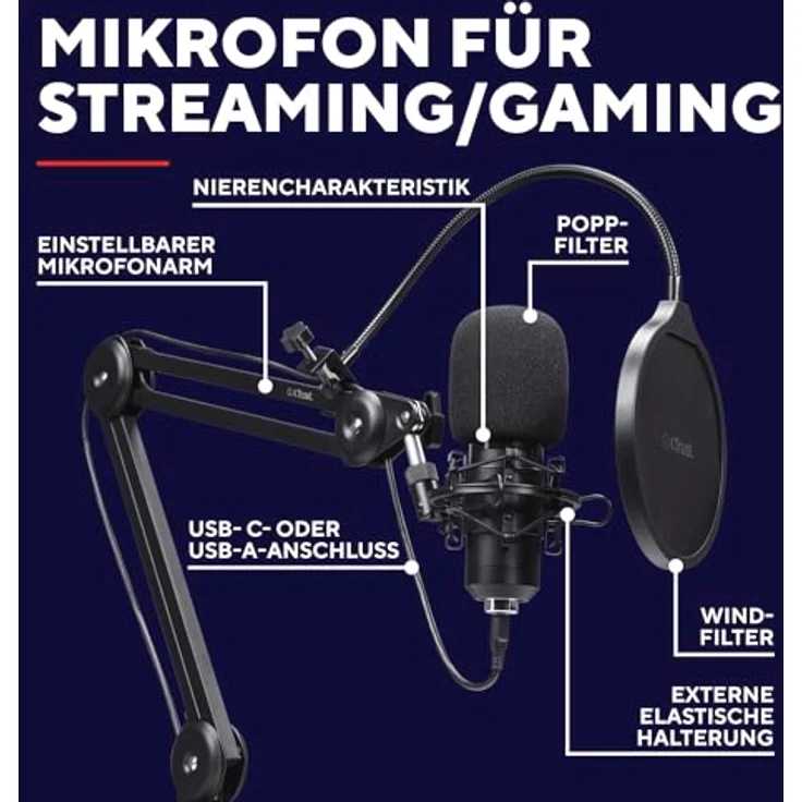 GXTrust 270 Emita II+ Mikrofon mit Arm, 192 kHz/24 Bit, Nierencharakteristik, Wind- und Popfilter, USB für PC, PS4 und PS5, Schwarz – Bild 2