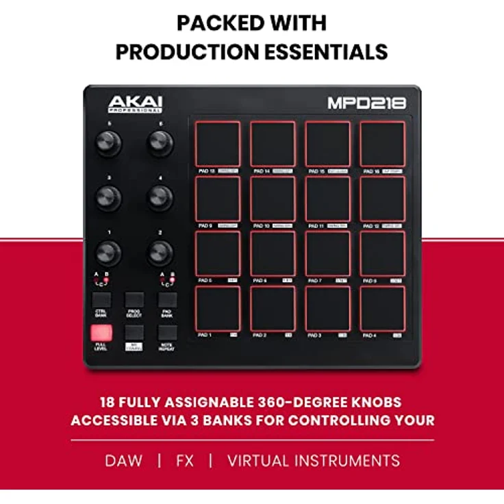 AKAI Professional MPD218 - Portabler 16-Pad-USB - MIDI-Pad-Controller Mit MPC-Pads, zuweisbaren Reglern, Tasten für Notenwiederholung, Produktionssoftware – Bild 3