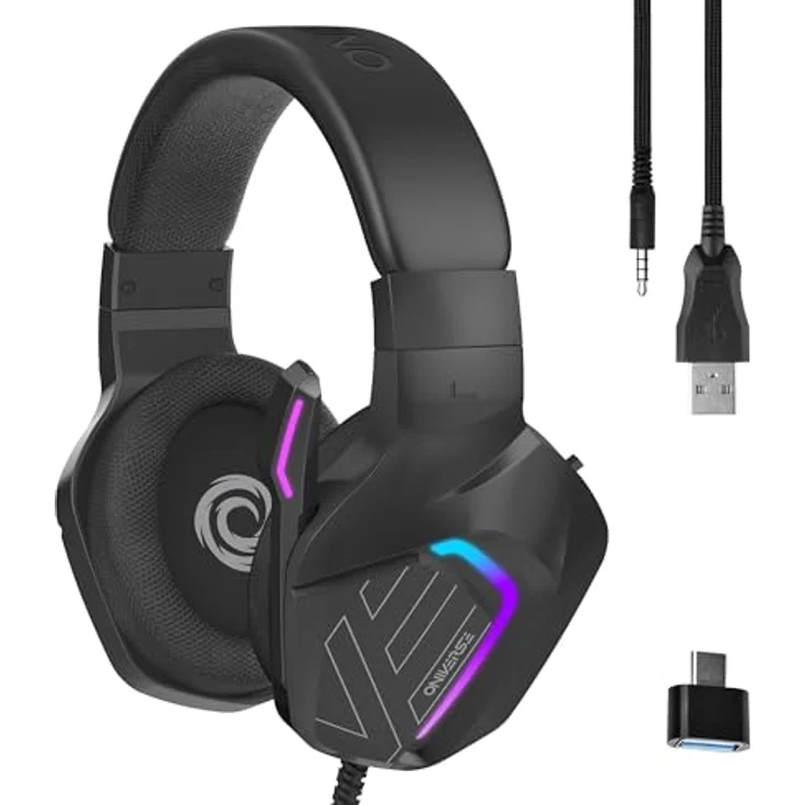 Oniverse Meteor Gaming-Headset, kabelgebunden, mit 50 mm Lautsprechern, verstellbarem Mikrofon, LED-Beleuchtung, kompatibel mit PS5, PS4, Switch, Xbox, PC und Mac, in Carbon Black oder Frost White – Bild 1