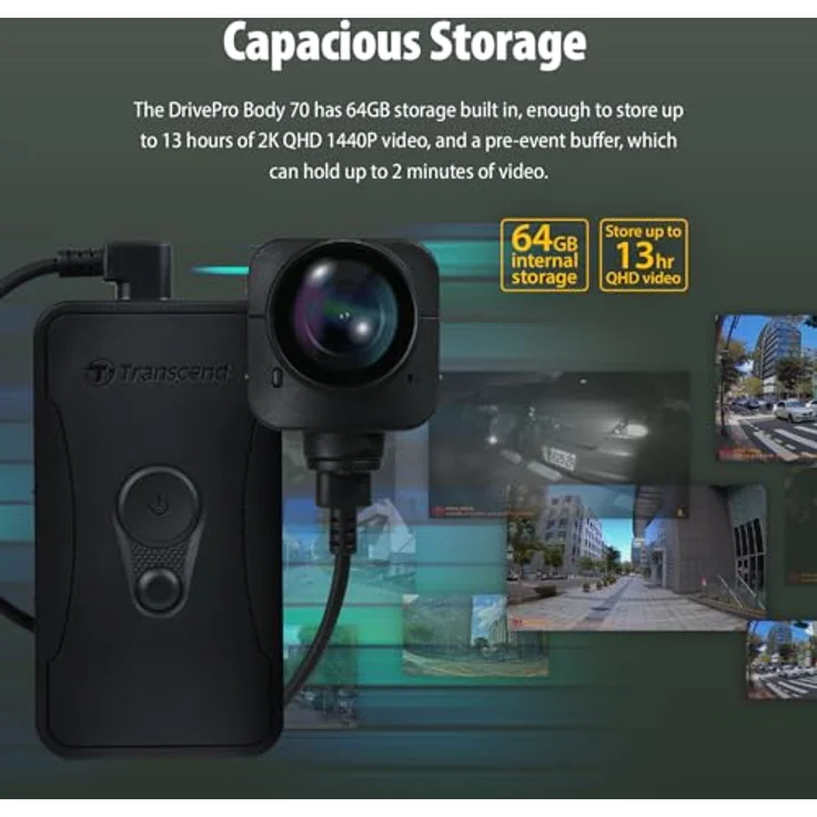 Transcend Body Camera Transcend - DrivePro Body 70, Separate Kamera (GPS-Empfänger, Akku, WLAN, Eingebautes Mikrofon, Nachtsicht, Bluetooth, Eingebautes Display, QHD), Dashcam, Schwarz – Bild 7