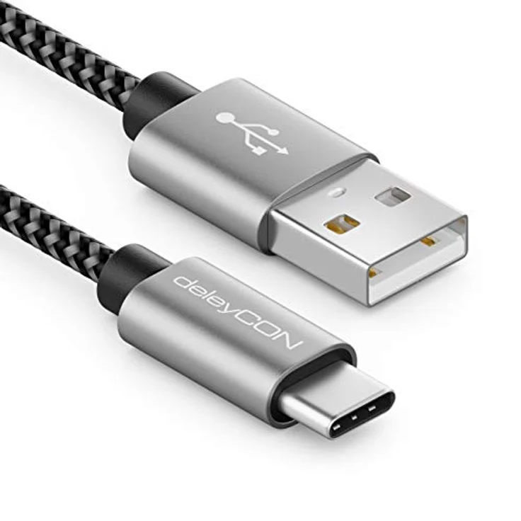 deleyCON 1m Nylon USB-C Kabel Ladekabel Datenkabel USB Typ C Metallstecker Schwarz - Laden & Synchronisieren von Handy & Smartphone – Bild 1