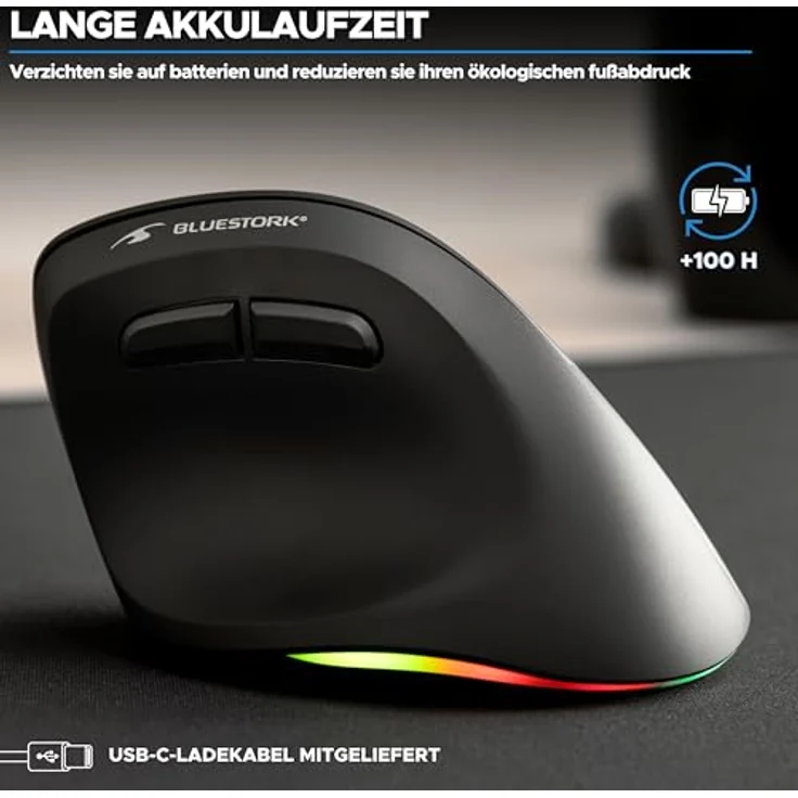 Bluestork Ergonomische Vertikale Kabellose Maus 800-2400dpi, 6 Tasten, RGB LED - Vorbeugung gegen Mausarm - Kompatibel mit PC & Mac - 2024 – Bild 3