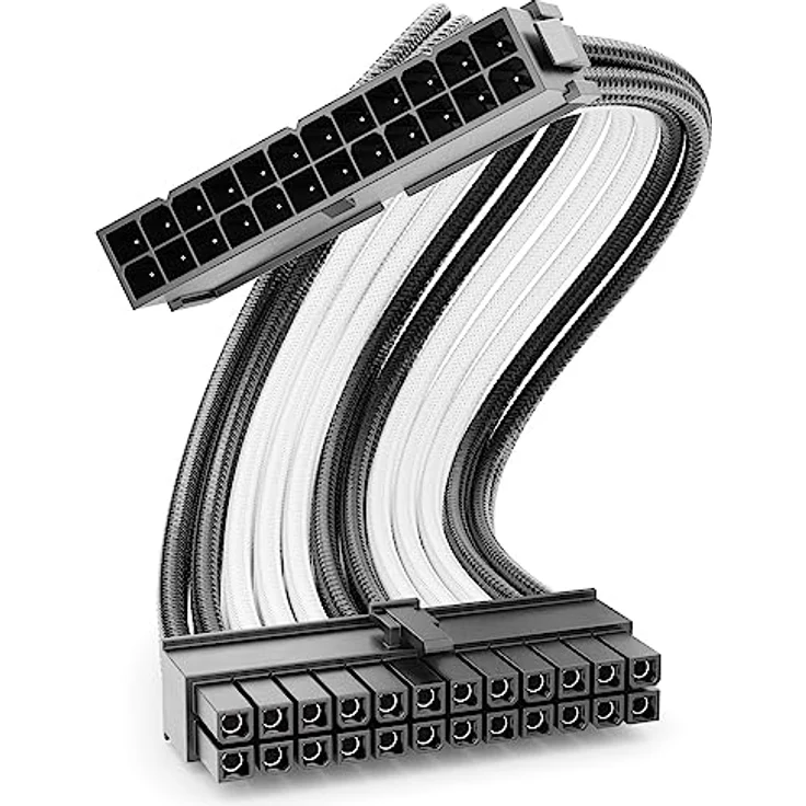 deleyCON 24-Pin ATX Netzteil Kabel Verlängerung 30cm - 18 AWG, robustes Nylon, Stecker auf Buchse, Schwarz Weiß – Bild 1