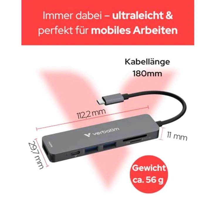 Verbatim USB-C Essentials Multiport Hub, 6 Anschlüsse mit Kartenleser, HDMI bis 4K/30Hz, 100W PD, SD/microSD Steckplätze – Bild 3