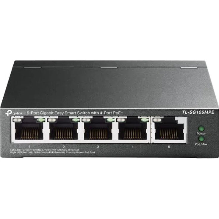 TP-Link TL-SG105MPE 5 Port Managed PoE Switch mit 4 PoE+ Ports (120 Watt, IEEE-802.3af/at PoE,lüfterlos, Plug-and-Play, Robustes Metallgehäuse) Schwarz – Bild 2