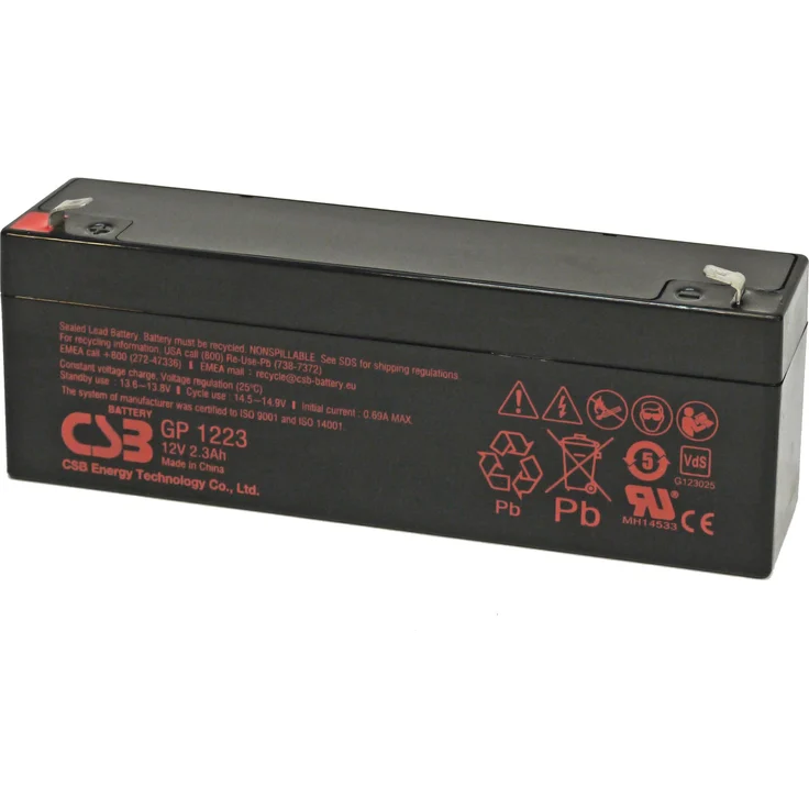 CSB GP1223, 12 Volt 2,3 Ah AGM Akku mit VdS-Zulassung G123025 und 4,8 mm Anschluss, Abmessungen 178x35x60 mm