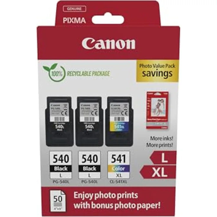 Canon Originaltinte PG-540XL x 2 / CL-541XL (3 Tintenpatronen; 2X Schwarz XL + 1x Farbe XL) - Photo Value Pack (inkl. Canon Fotopapier GP-501 50 Blatt 10x15cm)