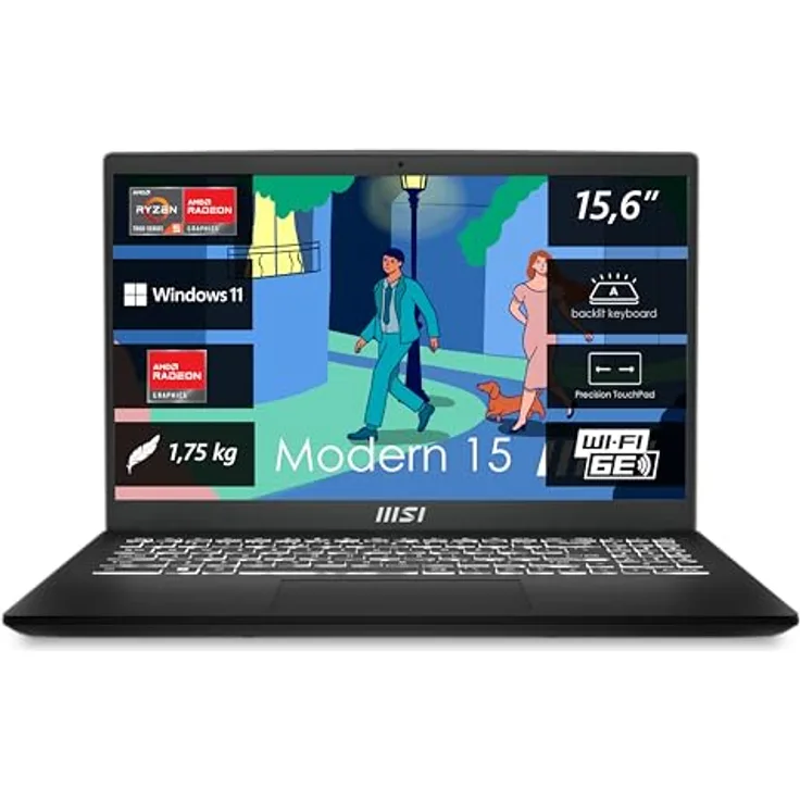MSI Modern 15 Lifestyle & Business Laptop, 15,6 Zoll Full HD Display, AMD Ryzen 5 7530U Prozessor, 16 GB DDR4 RAM, 512GB SSD, AMD Radeon Graphics, Windows 11 Home, Schwarz