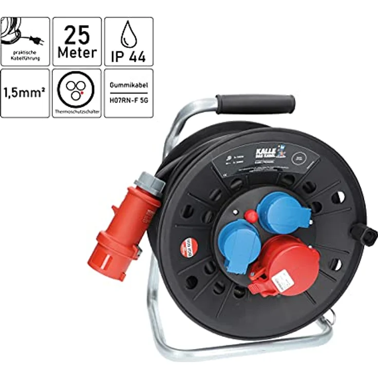 KALLE DAS KABEL Kabeltrommel CEE 400V 16A, 25 Meter, IP44, Schwarz, mit Thermoschutzschalter und drehbarem Griff – Bild 2