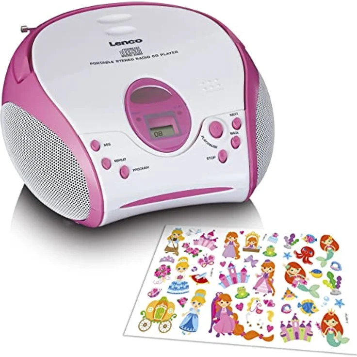 Lenco SCD-24 Kids CD-Player pink CD-Player FM-Radio klinken stickers – Bild 2