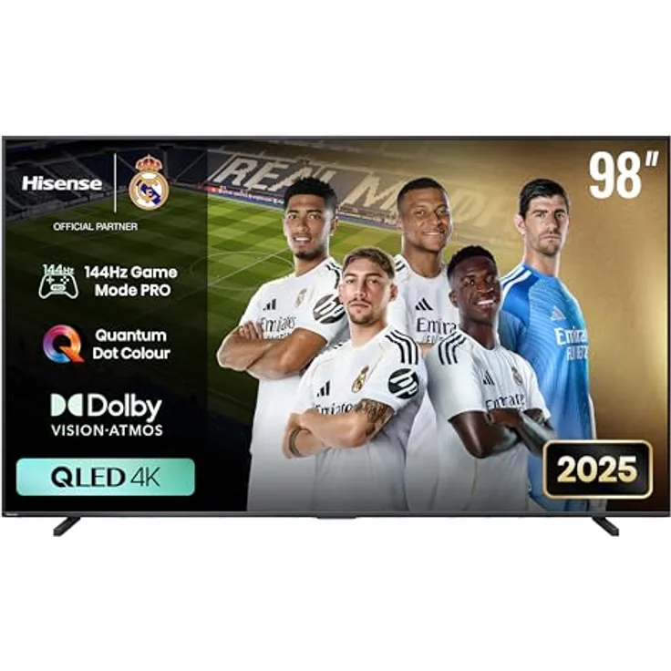 Hisense 98E7Q QLED Smart TV, 248 cm (98 Zoll), 144 Hz Gaming-Modus, integrierter Subwoofer, Dolby Vision, Dolby Atmos, Sportmodus, Sprachsteuerung Alexa, Bluetooth, HDMI 2.1