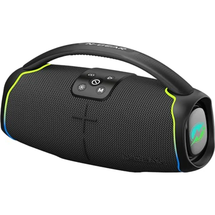N-Gear NRG 200 Bluetooth Lautsprecher mit Licht und Tragegriff, 200 Watt Musikbox Kabellos, USB/AUX verbinden, bis zu 8 Stunden Musik, Outdoor IPX5 wasserdicht, Multicolor LED-Licht