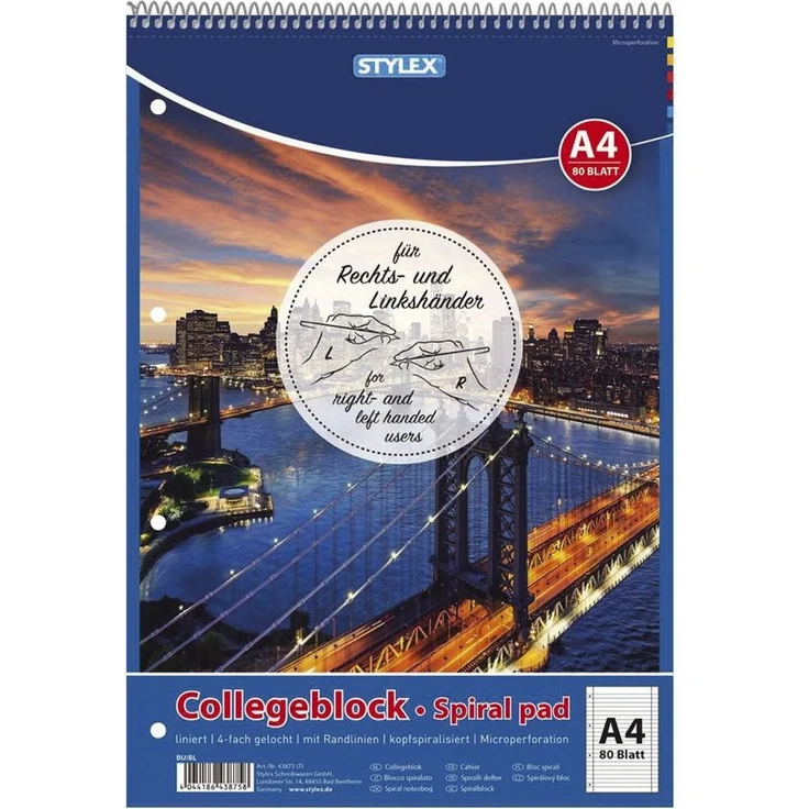 Stylex Toppoint® 43875 Collegeblock, A4, 80 Blatt, liniert, 4-fach gelocht, für Links- und Rechtshänder, Kopfspirale