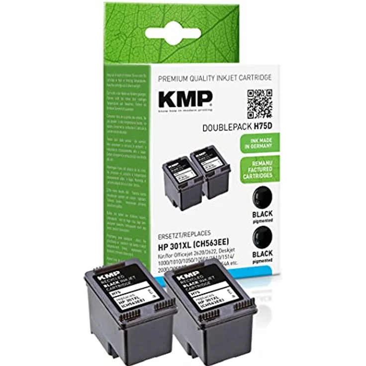 KMP Tintenpatronen passend für HP 301XL (CH563EE) Doppelpack Schwarz - für HP Officejet 2620, Deskjet 1000 Series 2548, Envy 4500AIO, etc.