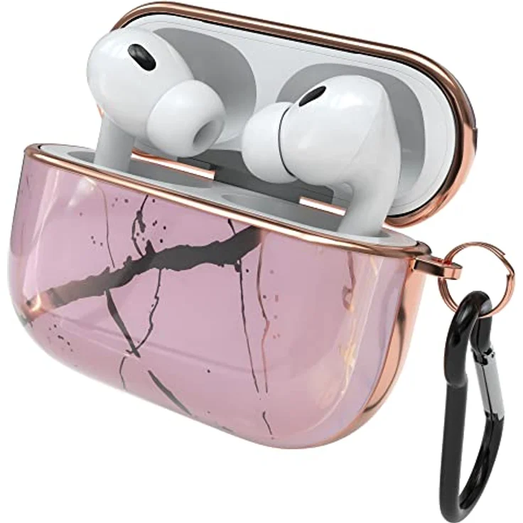 EAZY CASE AirPods Pro 2 Hülle Rosa Hard Case Stoßfest mit Karabiner - Antikratz, rutschfest, Rosegold Marmor – Bild 1