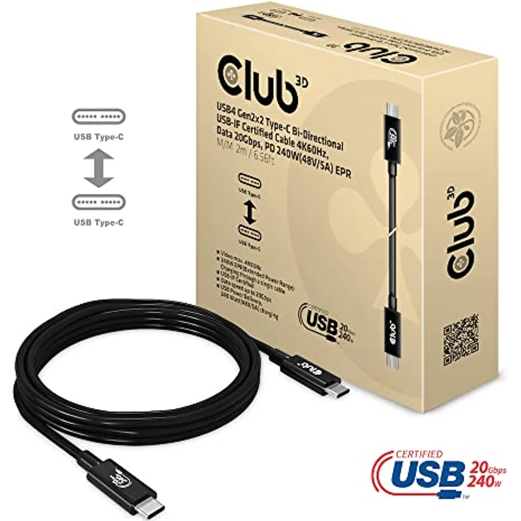 Club 3D USB4 Gen2x2 Typ-C Bi-Direktionales USB-IF Zertifiziertes Kabel 4K60Hz, Daten 20Gbps, PD 240W EPR St./St. 2m – Bild 2