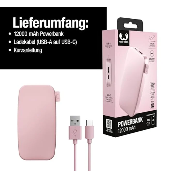 FRESH N REBEL 2PB12100PP Ultra Fast Charge Powerbank 12000 mAh, 20W PD, Pastellpink, für schnelles Laden und 6 Sicherheitsfunktionen – Bild 8