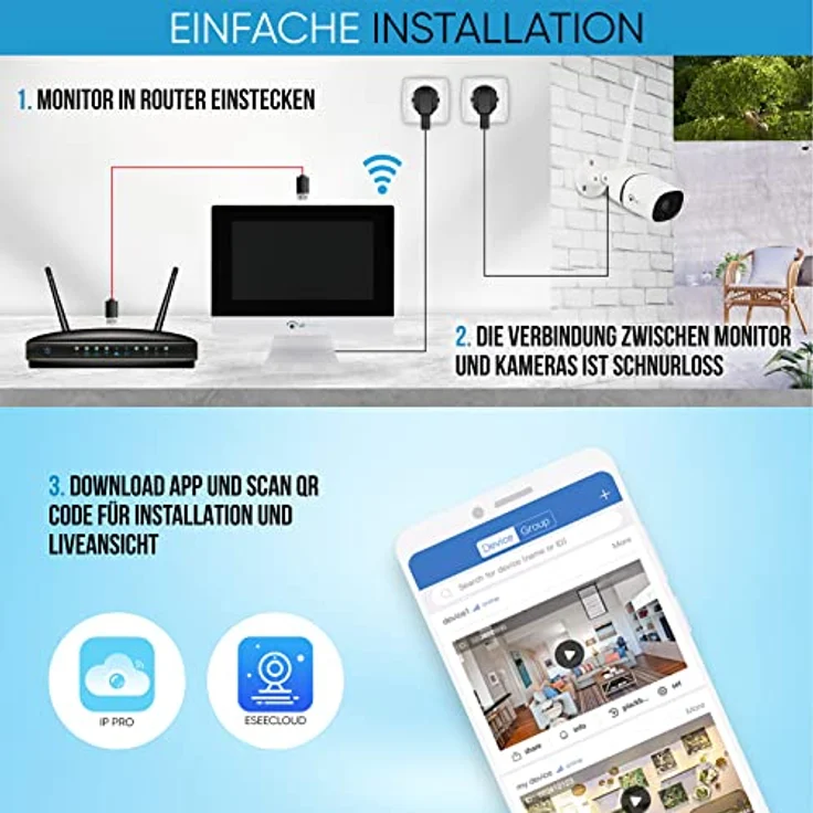 LUVISION WLAN Funk Überwachungskamera Set - Überwachungssystem mit Monitor HDD-Rekorder & Cloud Speicher 4 IP Kameras & App – Bild 3