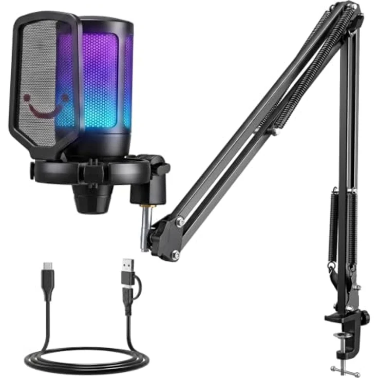 FIFINE Gaming Mikrofon PC, USB Typ A/C mit Stummschalttaste, RGB-Beleuchtung, für Podcast und Streaming, kompatibel mit MAC, PS4, PS5 – Bild 1