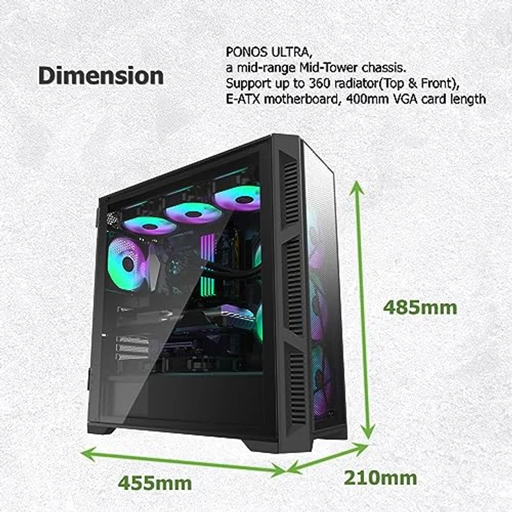 Raijintek Ponos Ultra, PC Gehäuse für E-ATX, Mini-ITX und ATX, Schwarz mit 4 vorinstallierten ARGB-Lüftern und Mesh-Front für optimalen Airflow – Bild 2