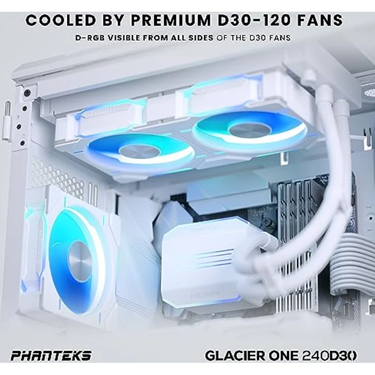 Phanteks Glacier One D30 AIO CPU-Kühler, Phanteks D30 Lüfter, DRGB-Beleuchtung, Wasserkühlung, Daisy-Chaining, Kupfer-Basis, 240mm, Weiß – Bild 2