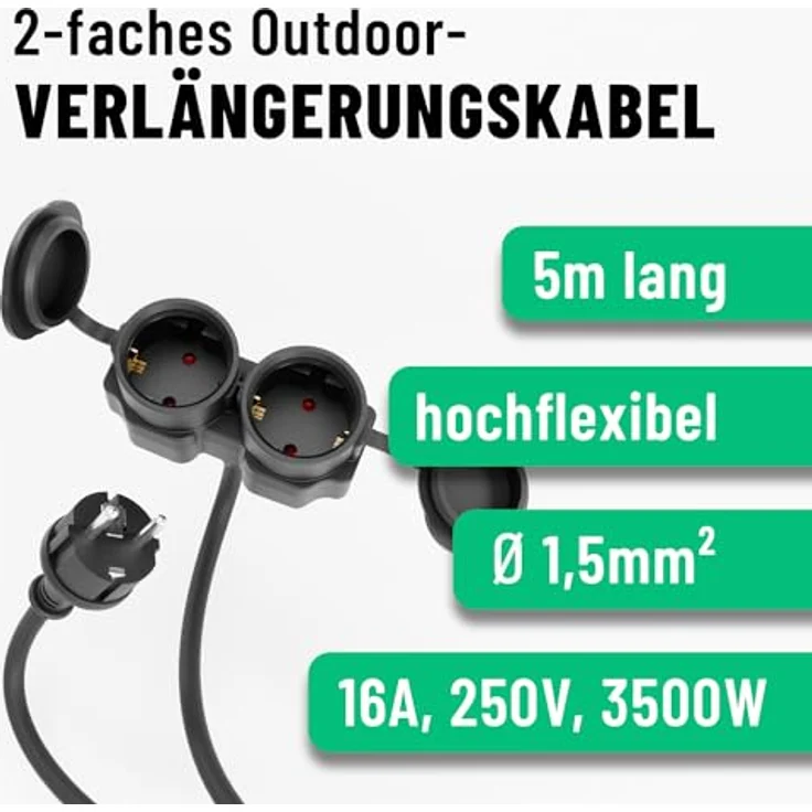 greate 2fach Verlängerungskabel außen 5 Meter - Wasserdicht IP44 - 3500W - Schwarz – Bild 2