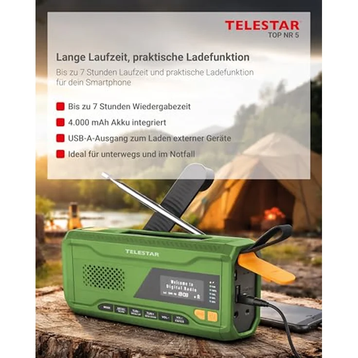 Telestar TELESTAR TOP NR 5 Notfallradio, Kompaktes Kurbelradio mit 4.000 mAh Akku, Solarpanel, Powerbankfunktion und Taschenlampe, Grün – Bild 5
