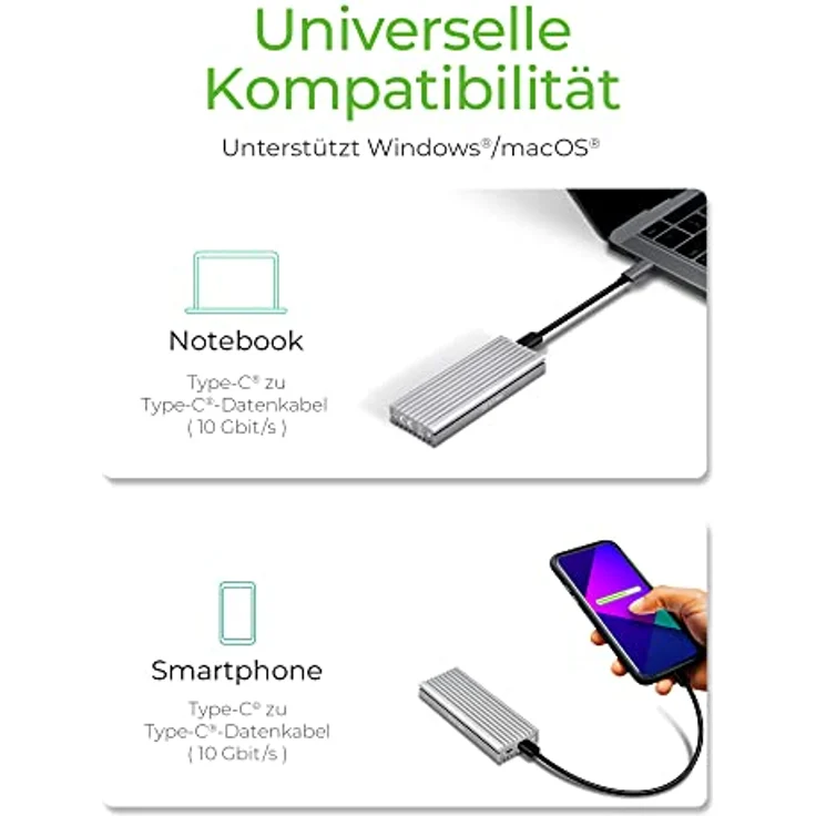 ICY BOX M.2 NVMe Adapter mit Gehäuse, USB 3.1 (Gen2, 10 Gbit-s), Kühlsystem, USB-C, USB-A, PCIe M-Key, Aluminium, Silber – Bild 2