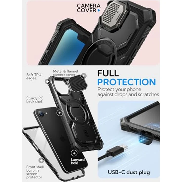 i-Blason Armorbox für iPhone 16e Hülle mit Kameraschutz Ständer [Kompatibel mit kabellosem Laden] Magnetisch Handyhülle Bumper Case Schutzhülle mit Displayschutz für iPhone 16e 6.1'' 2025 (Schwarz) – Bild 5