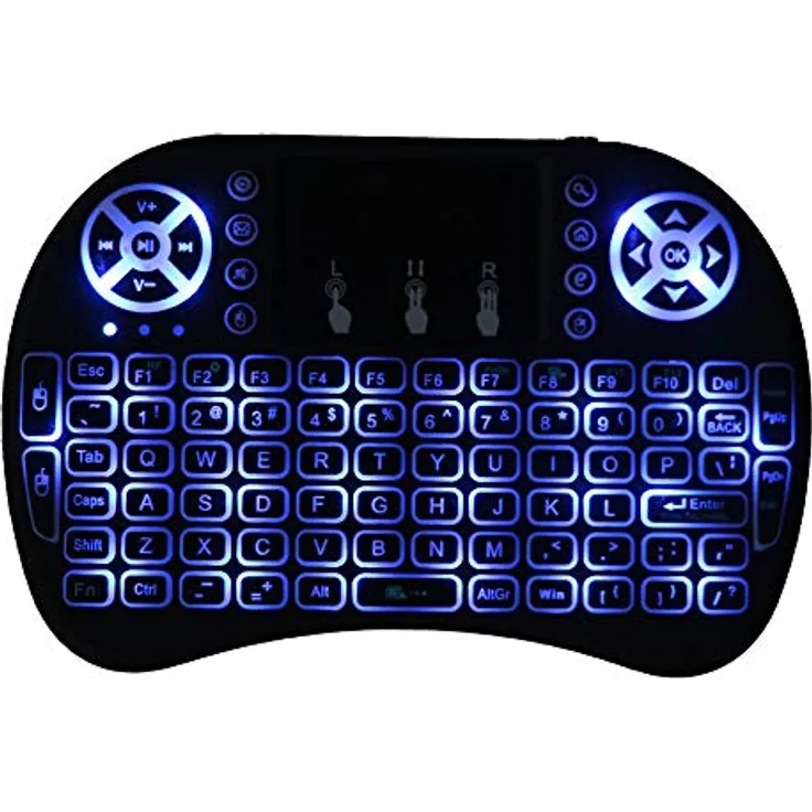 Mini drahtlose Tastatur Backlight mit Airmouse / mit USB-Receiver / anschliessbar an jedes Gerät mit USB-Anschluss / Mit Backlight / QWERTY / Batterie wiederaufladbar mit dem gelieferten Kabel