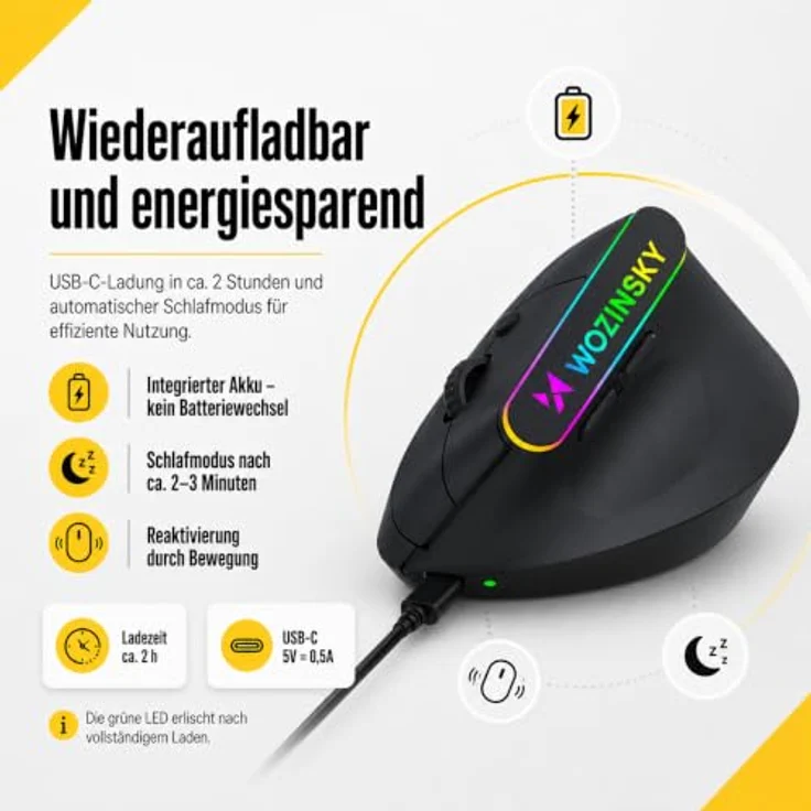 Wozinsky WMG-1164 Gaming-Maus, kabellos mit 2,4 GHz & Bluetooth 5.0, ergonomisches 57° Vertikaldesign, 3600 DPI, RGB-Beleuchtung, schwarz – Bild 5