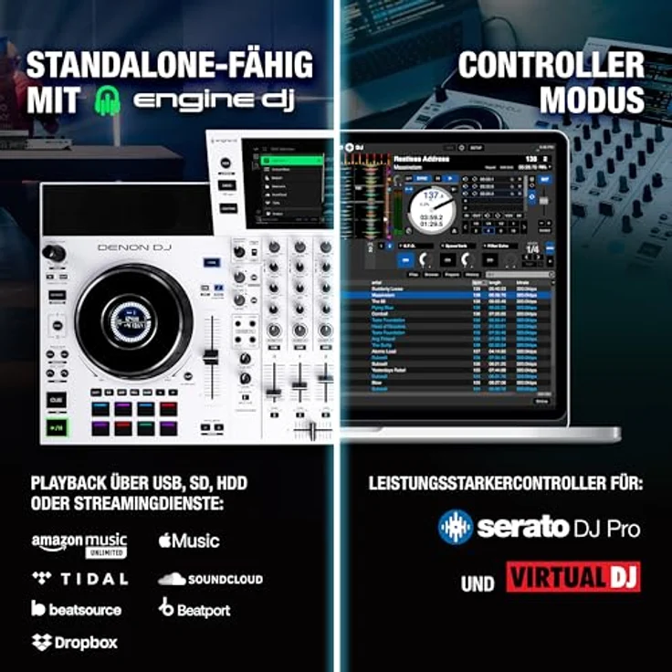 Denon DJ SC LIVE 4 WHITE, Standalone DJ-Controller mit 4-Decks, WLAN-Streaming, eingebauten Lautsprechern und Serato DJ & Virtual DJ kompatibel – Bild 3