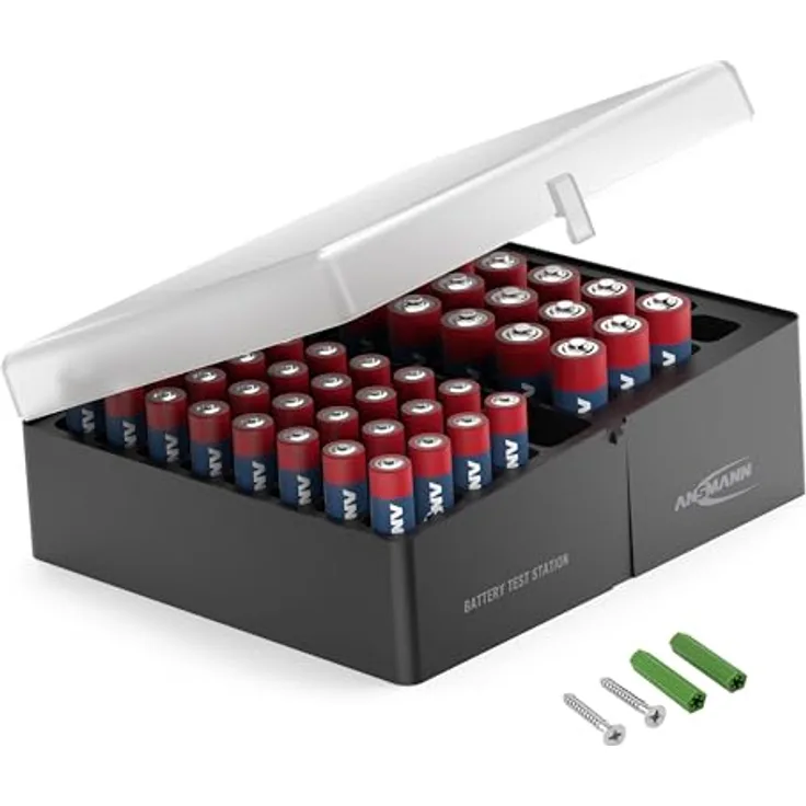 ANSMANN Batteriebox Aufbewahrungsbox für 56 Batterien Akkus mit 32 AAA + 20 Mignon AA Batterien, Wandhalterung, Kunststoff, transparenter Deckel