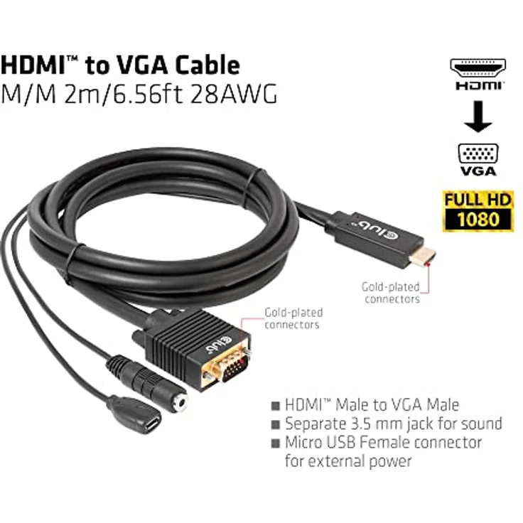 Club3D CAC-1712 HDMI™ auf VGA Kabel St./St. 2m 28AWG, Goldbeschichtete Konnektoren, Full HD 1080p, schwarz – Bild 3