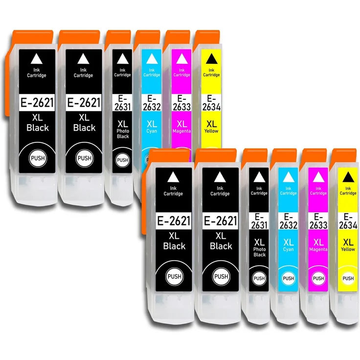 Druckerparadies 12er Multipack für Epson 26XL Tintenpatronen Set - Hohe Kapazität, Schwarz, Fotoschwarz, Cyan, Magenta, Gelb, 25ml Schwarz, je 15ml Fotoschwarz, Cyan, Magenta, Yellow - XP510 XP520 XP600 XP605 XP610 XP615 XP620 XP625 XP700 XP710 XP720 – Bild 1