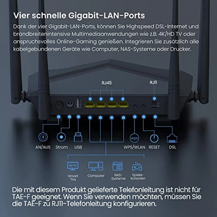 Tenda V12 Modem Router(AC1200 300 Mbit/s bei 2,4GHz + 867 Mbit/s bei 5GHz, 3x Gigabit-LAN-Port +1x Gigabit-WAN) Beamforming, Unterstütztes VPN/IPTV/IPv6/ WPS|100-240V |50/60Hz ≤ 18 W Leistungsaufnahme – Bild 2