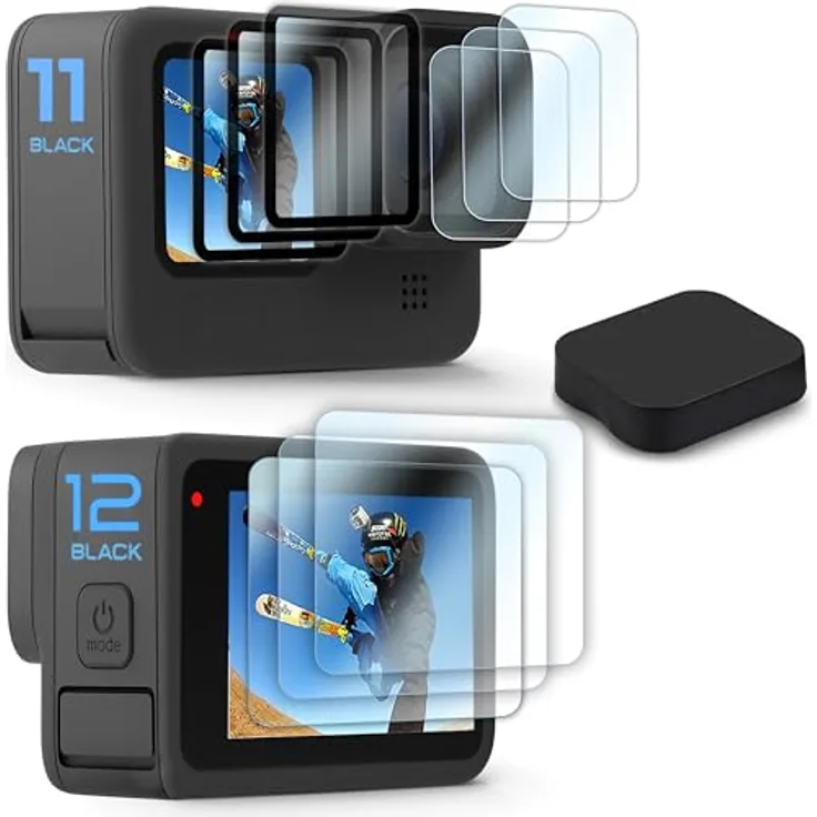 FitStil Displayschutzfolie für Go Pro Hero 12/11/10/9 Black, ultraklarer 9H Schutz aus gehärtetem Glas für Vorder- und Rückseite + Objektivschutz, 9-teiliges Set mit Objektivabdeckung