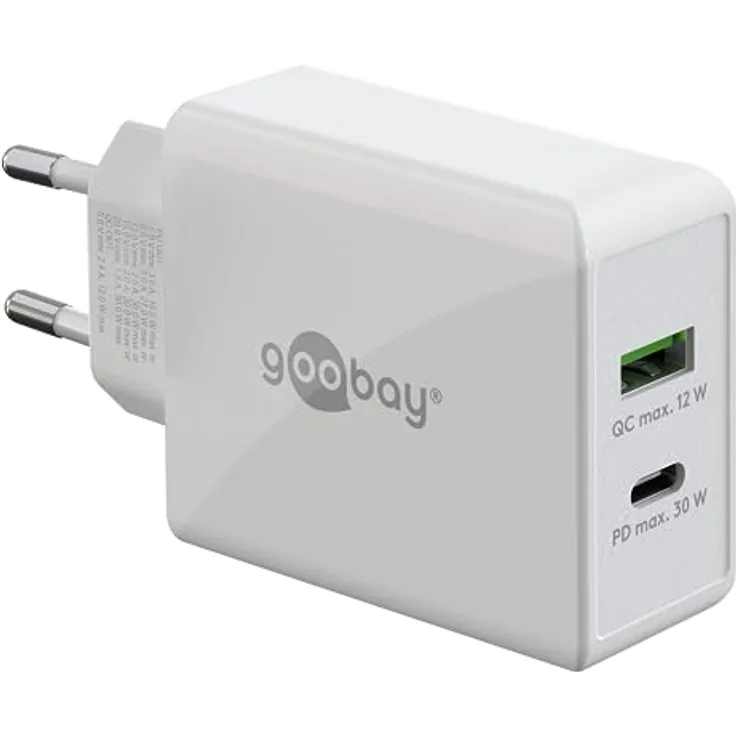 goobay 61674 Dual USB C PD (Power Delivery) Schnellladegerät (30 W) / Quick Charge Netzteil für iPhone, Samsung, Huawai/Handy Ladegerät/Ladeadapter für die Steckdose/weiß