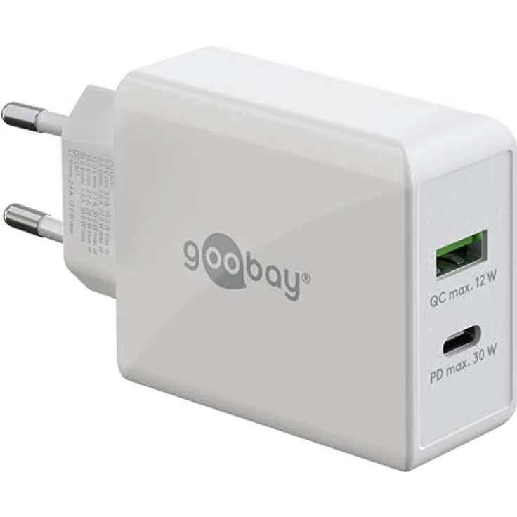 goobay 61674 Dual USB C PD (Power Delivery) Schnellladegerät (30 W) / Quick Charge Netzteil für iPhone, Samsung, Huawai/Handy Ladegerät/Ladeadapter für die Steckdose/weiß – Bild 1