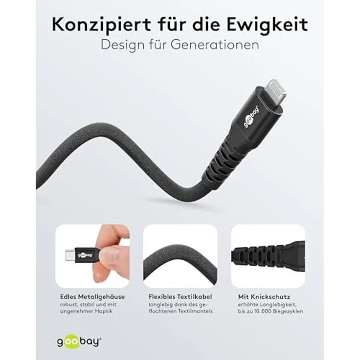 Goobay Lightning auf USB-C Textilkabel, 0,5 m, supersoft mit Metallsteckern – Bild 4