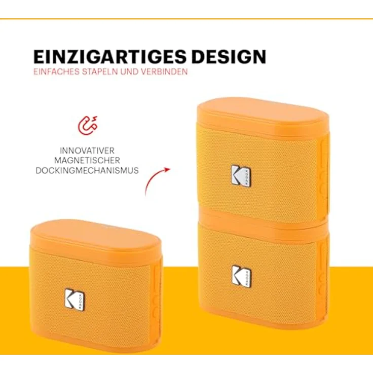 KODAK SOUNDBRIX Tragbarer Bluetooth-Lautsprecher, kabellos, 5 W Sound, 3 Stunden Akkulaufzeit, magnetisches Dock, Anschluss von bis zu 100 Lautsprechern, orange – Bild 3