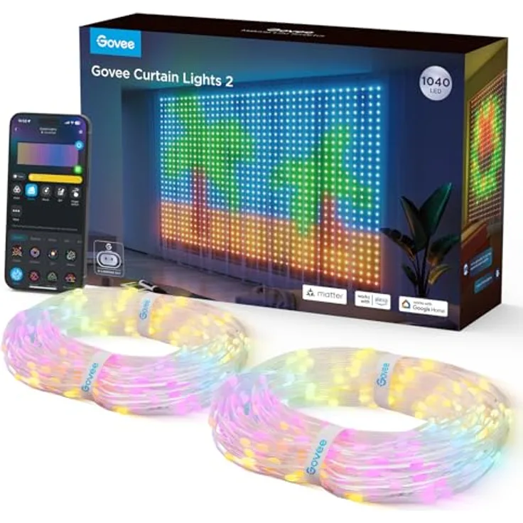 Govee Curtain Lights 3×2m, Smart LED Vorhang mit DIY GIF, RGBIC Color Chaning LED Lichterkette in Zimmer, IP65 Wasserdicht, Kompatibel mit Alexa, Party Deko 1040 LEDs